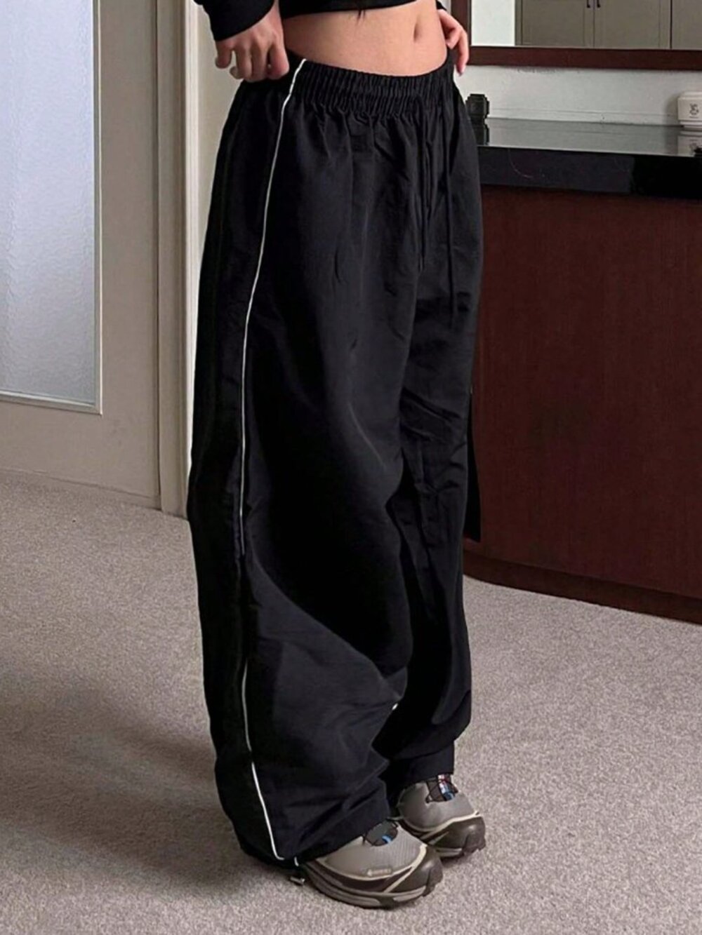 Black Casual Women's Loose Low Waist Baggy Long Pants